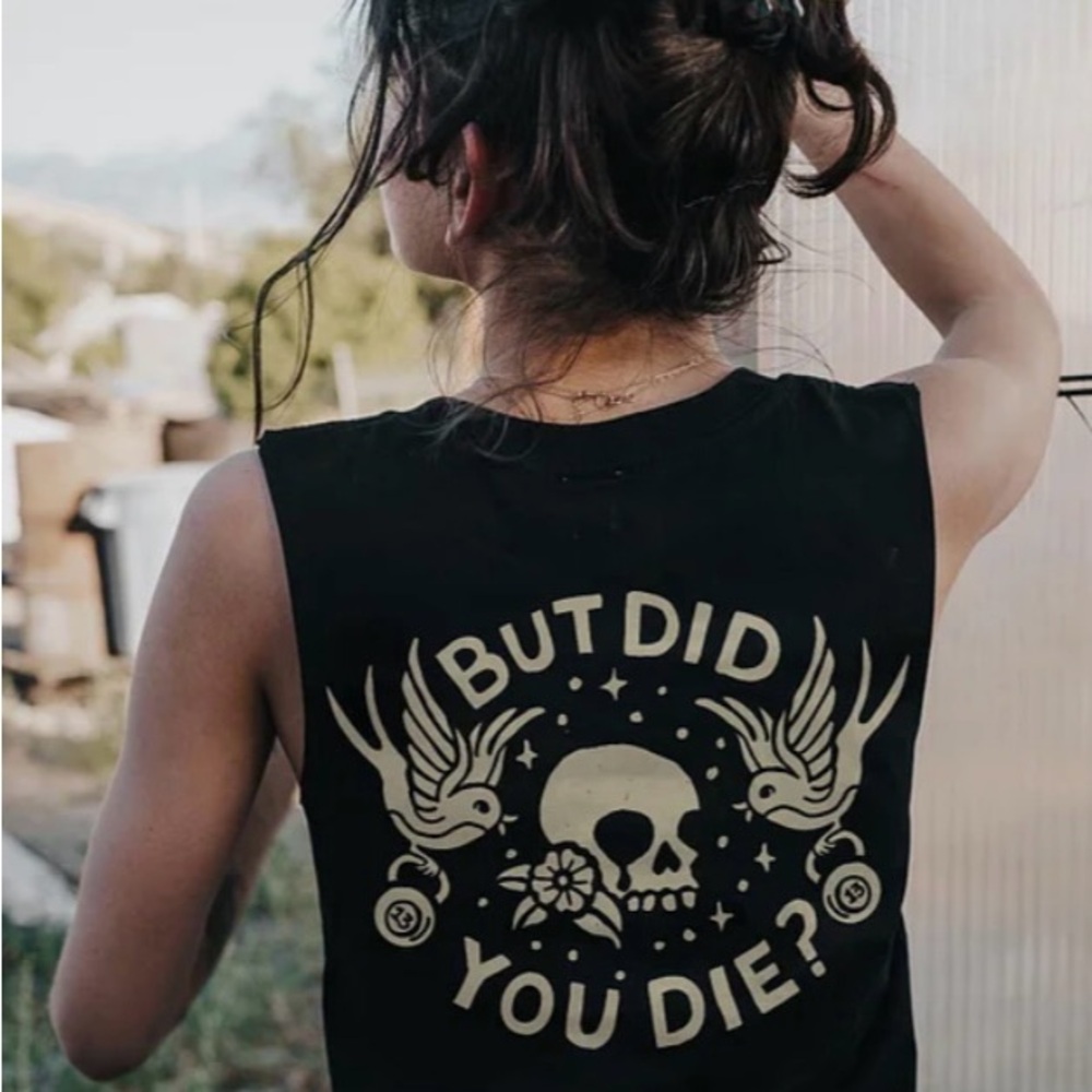 Black Graphic Tank Top with Skull and Birds